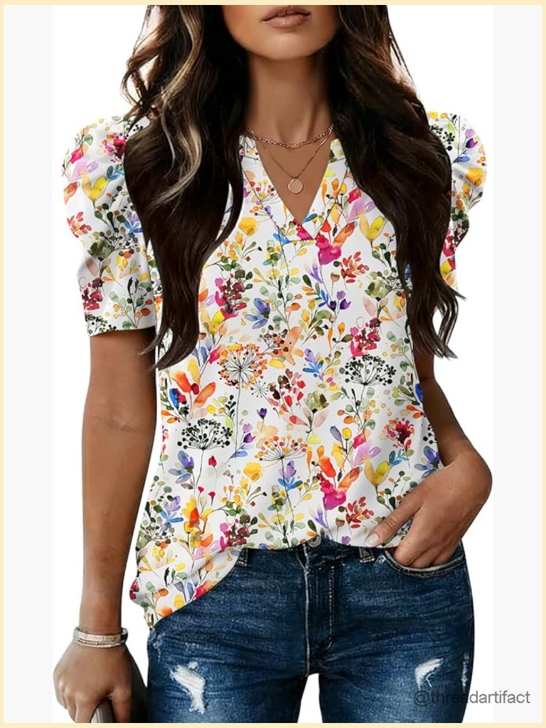 V Neck Puff Short Sleeve Blouse Women's Lightweight Work Top